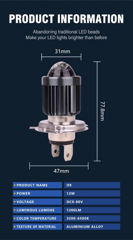 D-9 Motorcycle Led Light 12W+12W High Low Beam 9-80V H4 White Bulb Lamp Fisheye Style Positive and Negative Pole Control11