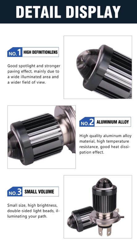 D-9 Motorcycle Led Light 12W+12W High Low Beam 9-80V H4 White Bulb Lamp Fisheye Style Positive and Negative Pole Control12