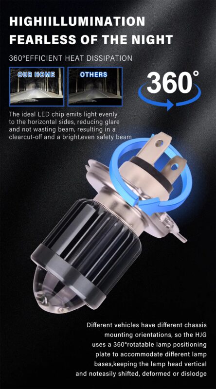 D-9 Motorcycle Led Light 12W+12W High Low Beam 9-80V H4 White Bulb Lamp Fisheye Style Positive and Negative Pole Control9