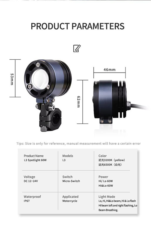 Hot Sale Factory Price L3 Led Spotlight for Motorcycle with Dual Color Light and Waterproof Function High and Low Beam 60W 12V10