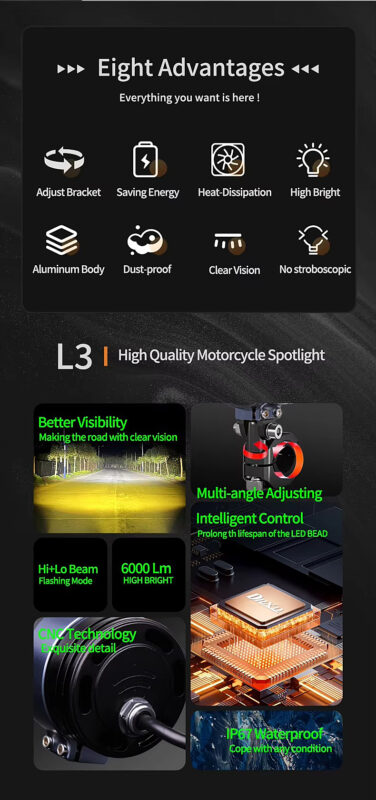 Hot Sale Factory Price L3 Led Spotlight for Motorcycle with Dual Color Light and Waterproof Function High and Low Beam 60W 12V11