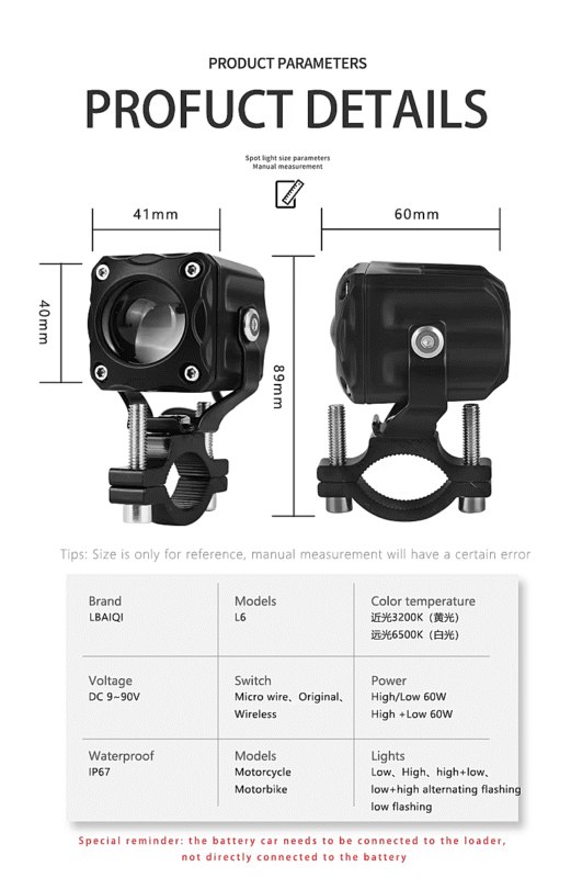 L6 60W Waterproof IP67 Fog Lamp 9-90V Aluminum Alloy Motorcycle LED Spotlight with Wire Switch High Low Beam Motorcycle9