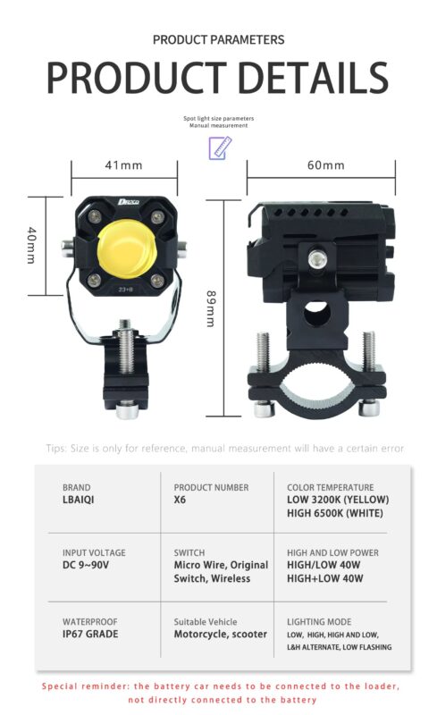 X6 40W Waterproof Electric Bicycle Fog Lamp 12-90V Aluminum Alloy Motorcycle LED Spotlight with Wire Switch High Low Beam12