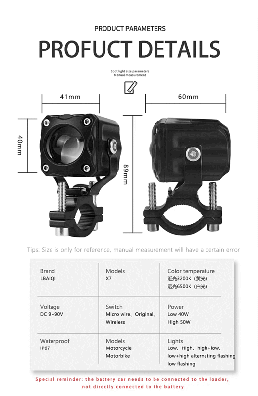 X7 40W Waterproof IP67 Fog Lamp 9-90V Aluminum Alloy Motorcycle LED Spotlight with Wire Switch High Low Beam MOTORCYCLE13