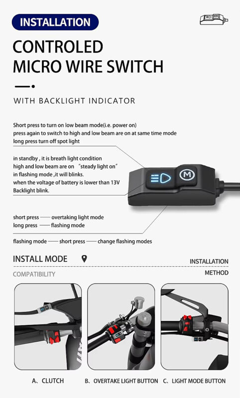X7 40W Waterproof IP67 Fog Lamp 9-90V Aluminum Alloy Motorcycle LED Spotlight with Wire Switch High Low Beam MOTORCYCLE16