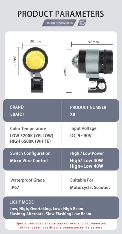 X8 40W Waterproof Electric Bicycle Fog Lamp 12-90V Aluminum Alloy Motorcycle LED Spotlight with Wire Switch High Low Beam9